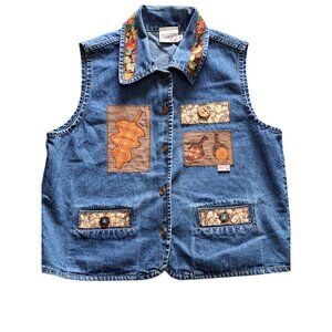 Vtg Fall Themed Women's Small Denim Vest Beverly’s Denim Vest Fall Leaf Acorn